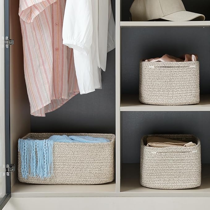 3 Pack Small Storage Baskets for Organizing, 11.8×7.8×5.1", Mixed Brown | Woven Baskets for shelves, Cotton Rope Basket for Gifts Empty, Closet Organizer Bins with Handles, Cube Decorative Box