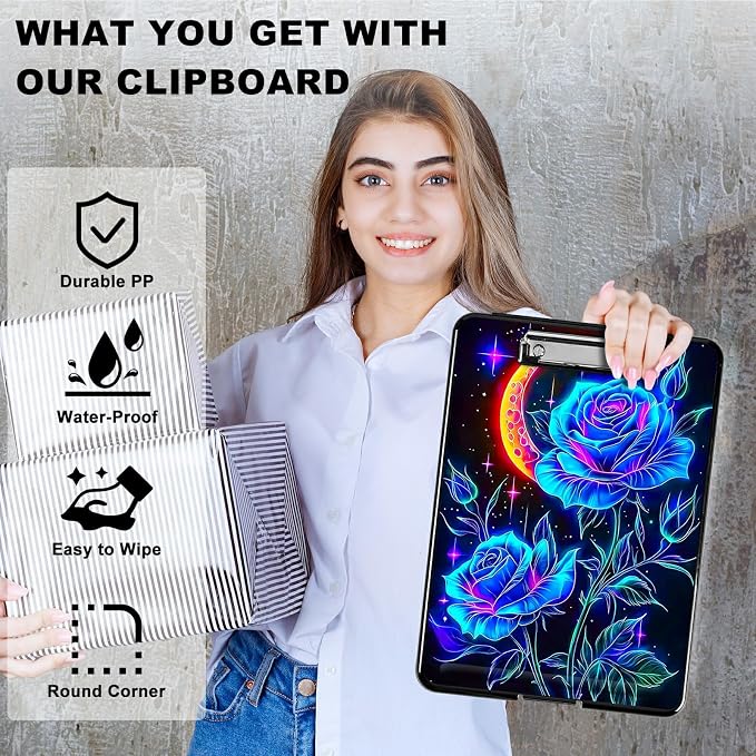 Blue Rose Moon A4 Clipboard with Storage Pen Holder, Clipboards Organizer Nursing Clipboard Foldable File Folder Plastic Clipboard Folio Clip Board for Office Students Classroom Doctor