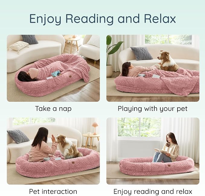 ChiXnuggle Orthopedic Human Dog Bed,with Faux Fur Washable Cover,Blanket | dusty pink,72*40*10,giant dog bed for adult or extra large dogs,egg crate foam,non-slip bottom
