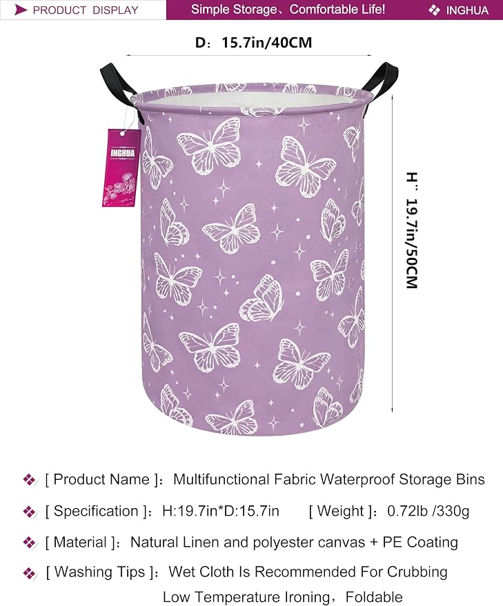 Laundry Hamper Large Canvas Fabric Storage Basket Butterfly | Organizer Bin Dirty Clothes Collapsible Waterproof for College Dorms, Boys and Girls Bedroom,Bathroom