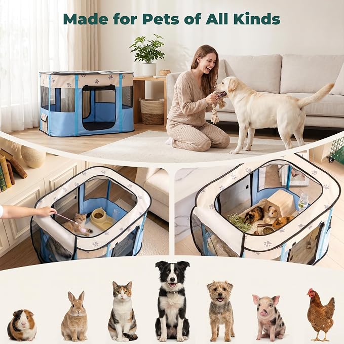 Avont Portable Pet Puppy Dog Playpen, Foldable Cat Playpen, Indoor/Outdoor | Water-Resistant Breathable Shade Cover, Travel Camping Use for Small Animals with Carrying Case, (L/Blue)