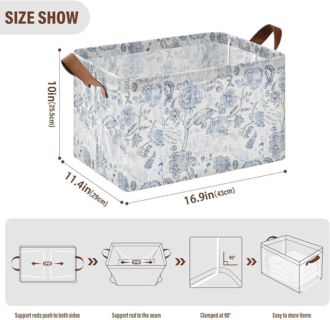 Vintage Blue Floral Rustic Retro Ethnic Storage Bins for Shelves with Labels&Handles Fabric Organizer Bin Foldable Rectangle Storage Basket Boxes for Closet, Bathroom, Home, Living Room, 2 Pack