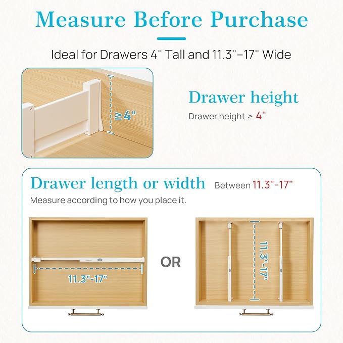 Vtopmart 4" High Drawer Dividers for Clothes, 11.3"-17" Expandable, 4 Pack | Adjustable Drawer Organizer, Dresser Clothes Separator, Baby Clothing Storage, Kitchen & Office Organization, Space Saving