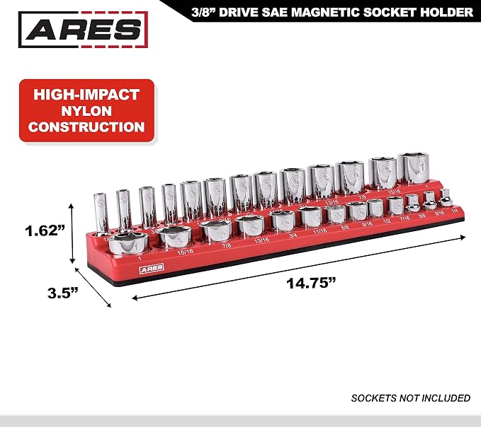 ARES 70234 26-Piece 3/8-Inch SAE Magnetic Socket Organizer | Holds 13 Standard Size and 13 Deep Size Sockets; Keep Your Tool Box Organized
