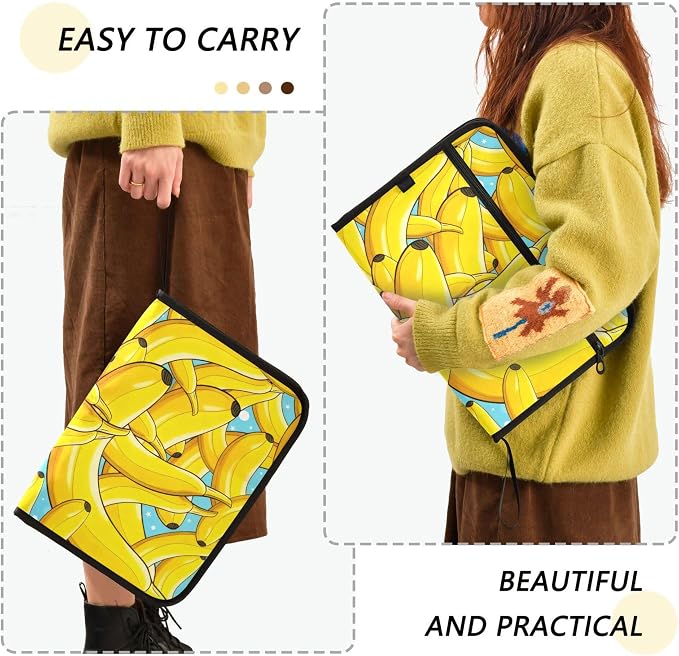 Yellow Banana Pattern with Blue Starry Background Expanding File Folder with Sticky Labels, 13 Pockets Accordion File Folder Document Organizer Expandable Zip File Folder with Zipper Closure