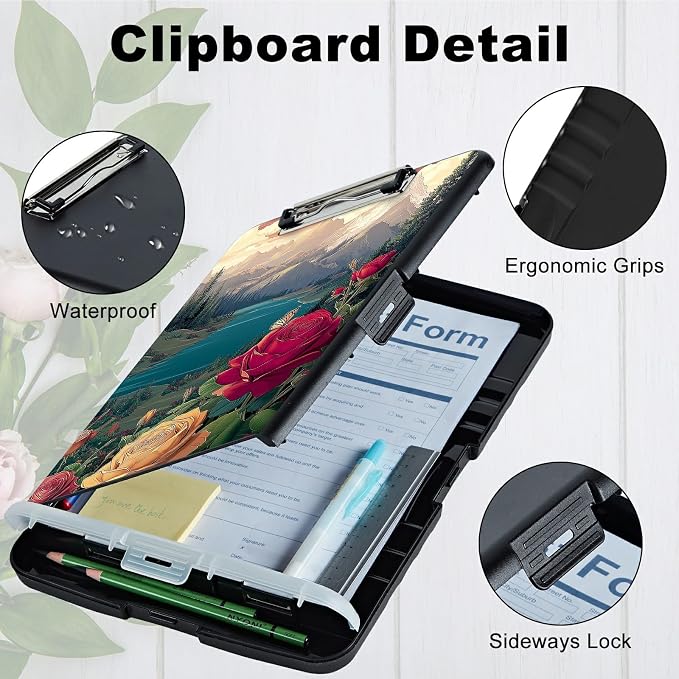 A4 Clipboard with Storage Pen Holder, Clipboards Organizer Nursing Clipboard Foldable File Folder Plastic Clipboard Folio Clip Board for Office Work Classroom Doctor, Rose Mountain Clouds