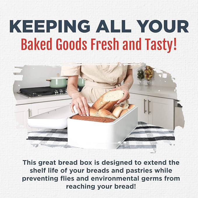 Extra Large White Bread Box for Kitchen Countertop 16" x 9" Holds 2 Loaves | Stainless Steel Vintage Bread Boxes for Kitchen Counters