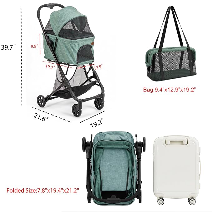 Pet Stroller for Small 2 Dog Cat Puppy Grocery Shopping Cart | Travel Airplane Mini Lightweight Compact Portable Collapsible Foldable 3-in-1 Medium 20 lbs Doggy Buggy Carriage Carrier Bag