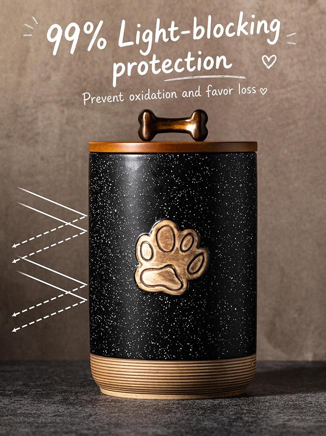 Miamolo Dog Treat Container Airtight Seal, Training Dog Treat Jar with Lid | 8 Cups, Cast-iron Handle | Ceramic Dog Food Storage Container, Rustic Pet Cookie Jar, Gift for Dog Lovers | Paw Dotted Black