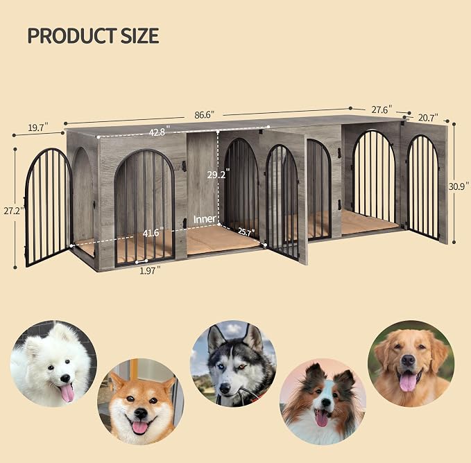 Hzuaneri 86.6" Double Dog Crate Furniture, Dog Kennel Indoor with Cushion | Heavy Duty Dog Crate Furniture for 2 Dogs,Dog Cage End Table TV Stand with Divider for Med-Large Dog,Greige Black DFC84005BV1
