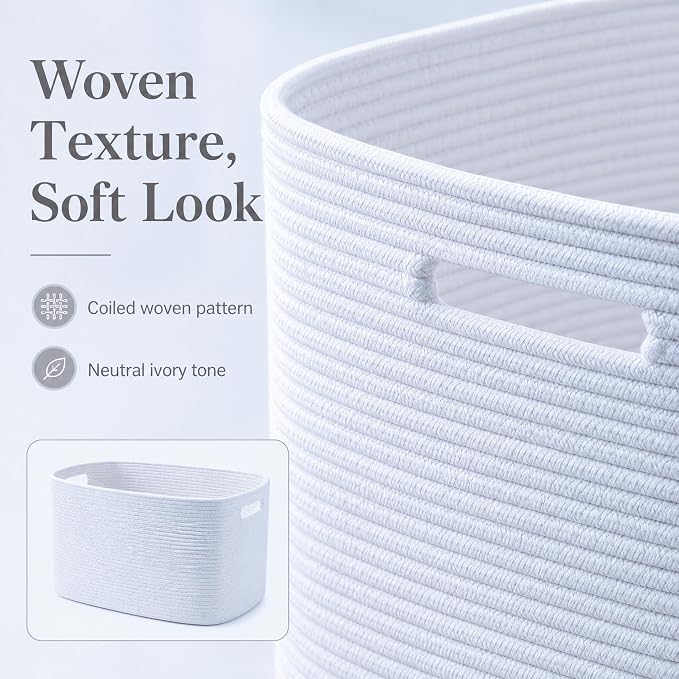 Cotton Rope Laundry Basket Small, 12.8GAL Collapsible Woven Storage Baskets for Living Room Kids Toys Stuffed Animal,Boho Rectangular Decorative Short Hamper for Dirty Clothes, Blankets Pure White