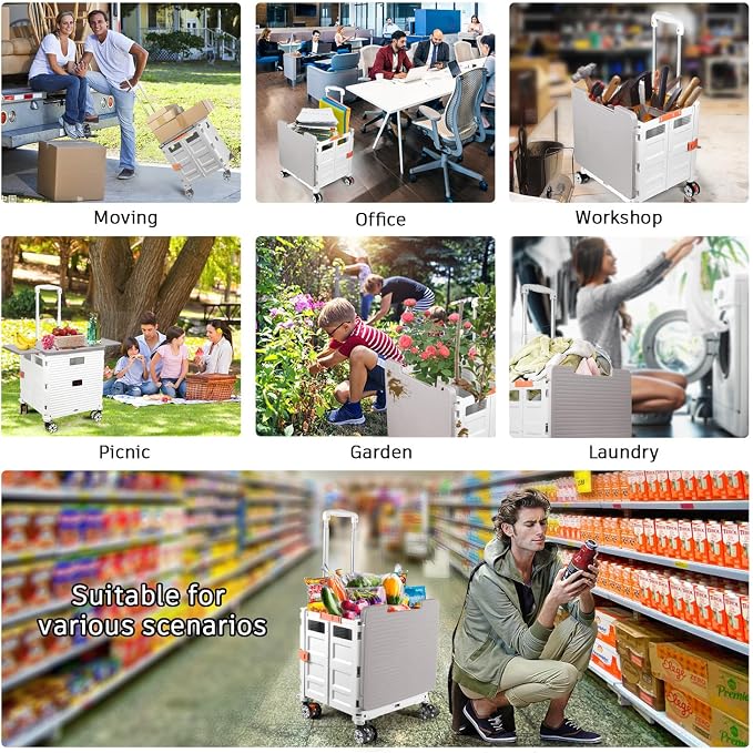 Foldable Utility Cart Collapsible Portable Crate Rolling Carts with Wheels Tote Basket with Magnetic Lid Telescopic Cover Wear-Resistant 360°Rotate Wheel Noiseless for Shopping Storage Office Use