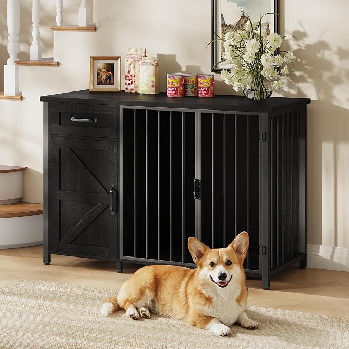 Spacesea 30" Dog Crate Furniture with Storage Drawers and Cabinet, Wooden Farmhouse Dog Kennel Indoor with 900lbs Capacity Steel Frame, Built-in Power Outlets