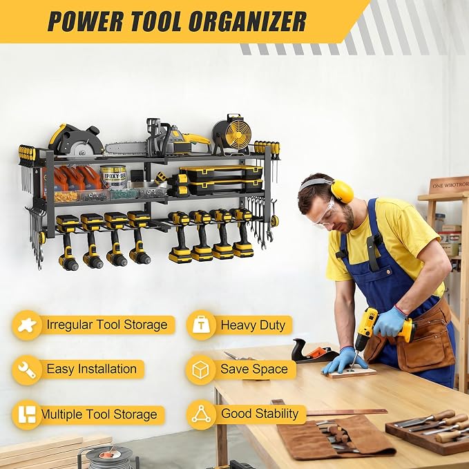 Power Tool Organizer Wall Mount, 350LBS Capacity, 3 Tier, 8 Drill Holders | 3-Tube Reinforced Design, Holds 50+ Tools, Cordless Tool Organizer, Rust Resistant, Quick Assembly, Garage Gift for Men