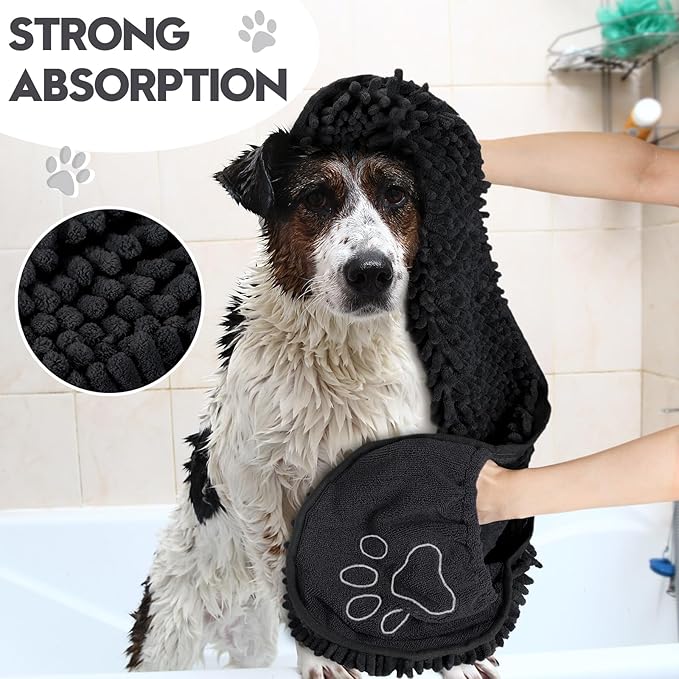 Newwiee 4 Pcs Large Dog Towels for Drying Dogs with Hand Pocket Microfiber Shammy Towel 32 x 14 in Dog Bath Towel Absorbent, Quick Drying, Machine Washable for Pet Puppy Clean Shower Supplies(Black)