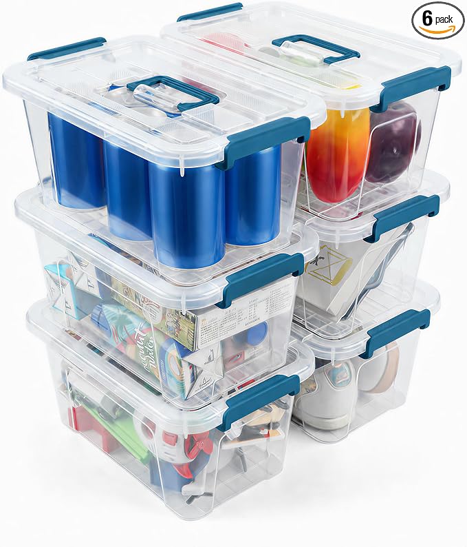 7Qt Clear Storage Bins with Lids,6-Pack Stackable Storage Containers With Buckle Latches.Perfect for LEGO, Crafts, Office Supplies, and Dorm Room Organization,Blue