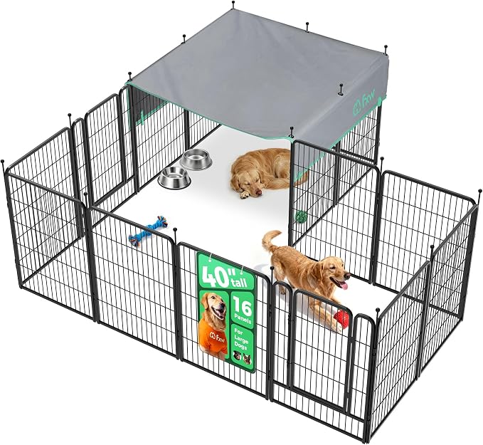 FXW Rollick Dog Playpen with Sun Shade, 40"H, 16 Panels | Heavy-Duty & Easy setup Play Area, UPF 50+ Cover Blocks 98% of UV Rays, For Medium & Large Dogs, Patented