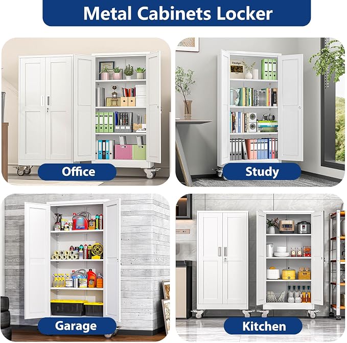 Ckzbx Metal Garage Storage Cabinet with Locking Doors and Adjustable Shelves,61" H Rolling Tool Storage with Wheels for Garage,Office (White)