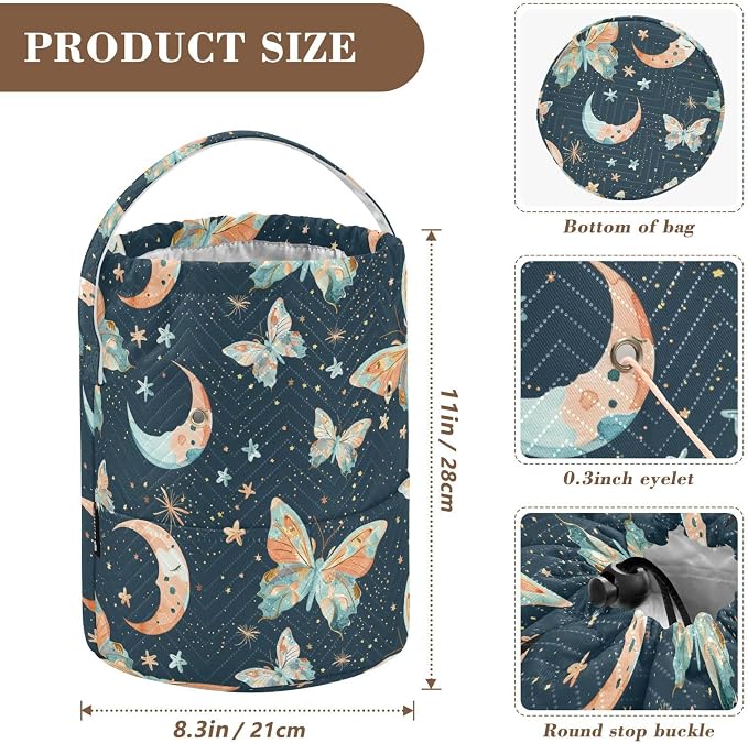 Fustylead Watercolor Hand Draw Butterflies and Moon Stars Yarn Crochet Tote Basket, Large Knitting Drawstring Organizer Yarn Storage Bag for Crocheting Project, Sewing Supplies, Yarn Balls, Needles