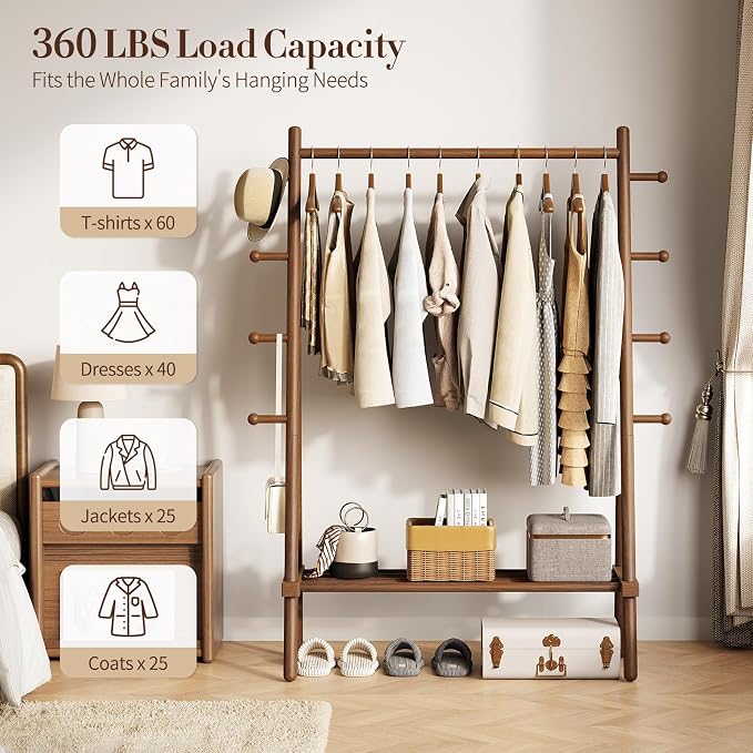 Yoobure Solid Wood Clothes Rack - Heavy Duty Clothing Racks for Hanging Clothes with 8 Hooks, Portable Garment Rack for Dress Shirt Shoe, Freestanding Wardrobe Coat Racks with Shelf for Closet Bedroom