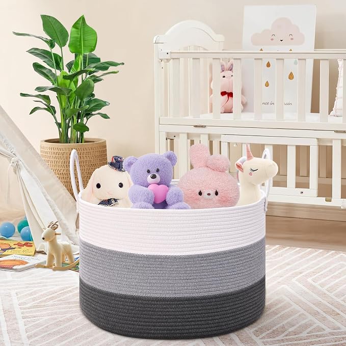 67L Large Woven Blanket Basket, Cotton Rope Baby Laundry Hamper with Handles, Kids Toy Basket for Classroom & Nursery, Soft Round Stuffed Animal Storage, Dog Toy Bin - 20"x13", Gray