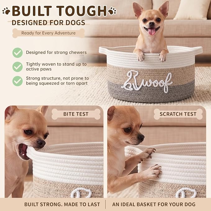 OIAHOMY 22L Large Dog Toy Basket, 16.5"x11.4"x9" Cotton Rope Basket with Cute Woof Embroidery, Soft Woven Pet Toy Box with Handles for Blankets, Leashes & Puppy Accessories, Decorative Organizer Brown
