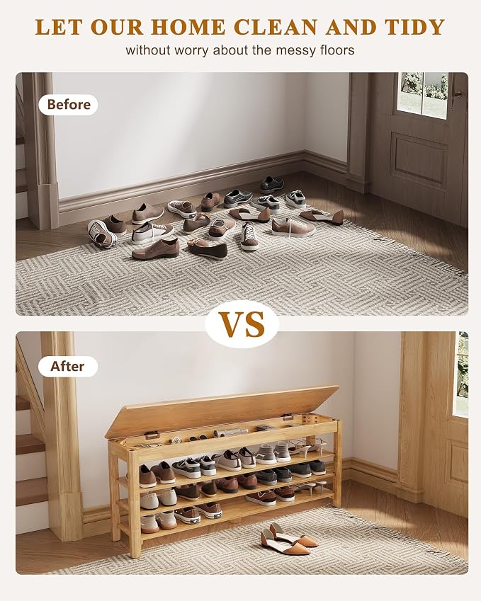IUNVR Shoe Rack Bench Seat Rubberwood 3-Tier Wooden Storage Bench 550lbs Compact Mid-Century Modern Design for Entryway, Hallway, Closet, Front Door Entrance, Foyer