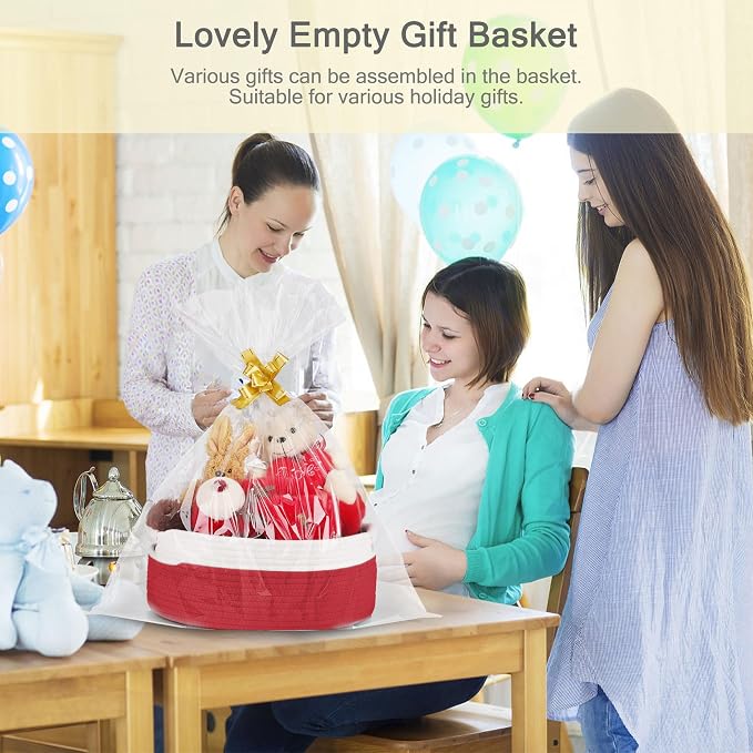 Small Woven Gift Basket with Bag & Ribbons, Red | Cotton Rope, 13”x 9”x 5.5”, Fits for Kids, Women & Men, Bedroom, Living Room, Nursery & Bathroom Storage, Cat & Dog Toy Boxes