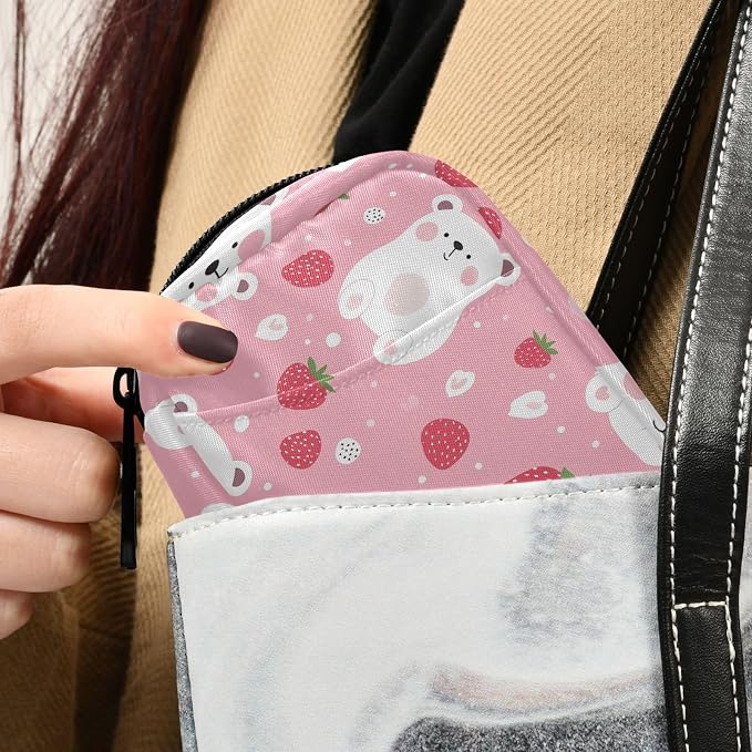 Fustylead Cute Cartoon White Bear and Strawberry Pill Organizer for Purse, Weekly Portable Pill Box with Zipper to Storage Vitamins Fish Oils Medications Supplements