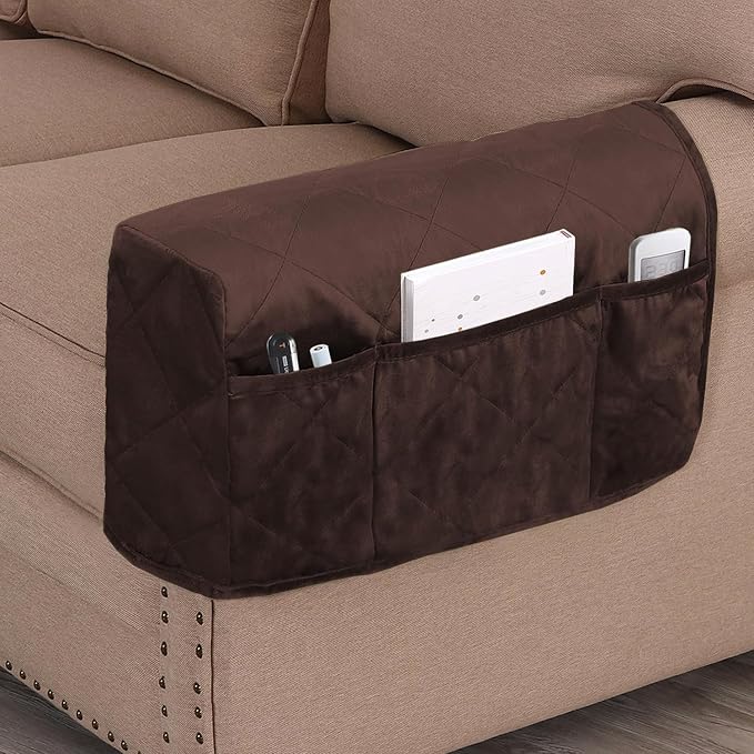 Velvet Quilted Armrest Covers - Water-Resistant Sofa Arm Protectors Set of 2 with Side Pocket Organizer, Non-Slip Furniture Covers for Chairs & Couches (Brown)
