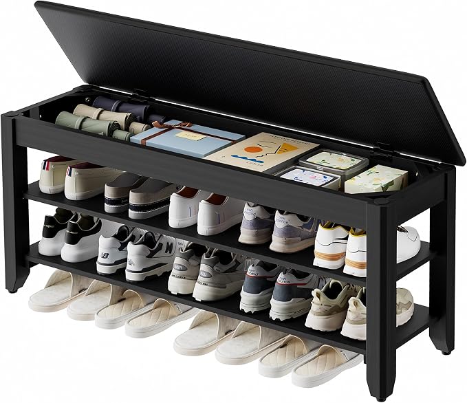 Homleke 39.4" Wide Solid Wood Shoe Rack Bench with Flip-Top Storage | 2-Tier Entryway Bench with Cushion, Adjustable Shelf, Holds Up to 10 Pairs, for Hallway, Bedroom and Closet, Black