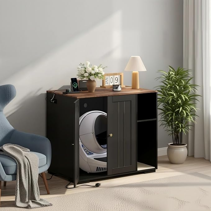 Large Robot 4 Litter Box Enclosure Cabinet with Built-in Power Outlet | Automatic Self‑Cleaning Litterboxes Furniture, Dog‑Proof Shelf, Robot Cabinet for Litter Box Black
