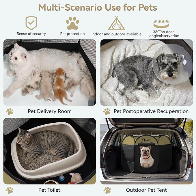 Siedihit Dog Cat Playpen, Medium Puppy Pet Playpen, Dog Crate Tent Cage | Indoor/Outdoor, Portable Pop Up Dogs Kennel Playpen with Carrying Case for Dogs/Cats/Rabbits(Black Khaki, Medium)