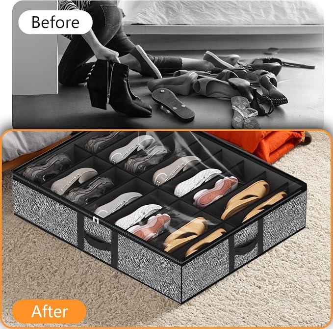 Under Bed Shoe Storage Organizer Fits 16 Pairs Shoes and 4 Pairs Boots, Underbed Shoe Storage Boxes Bins, Organizador De Zapatos, Extra Large Zapateras Organizer for closet, Black, Set of 2