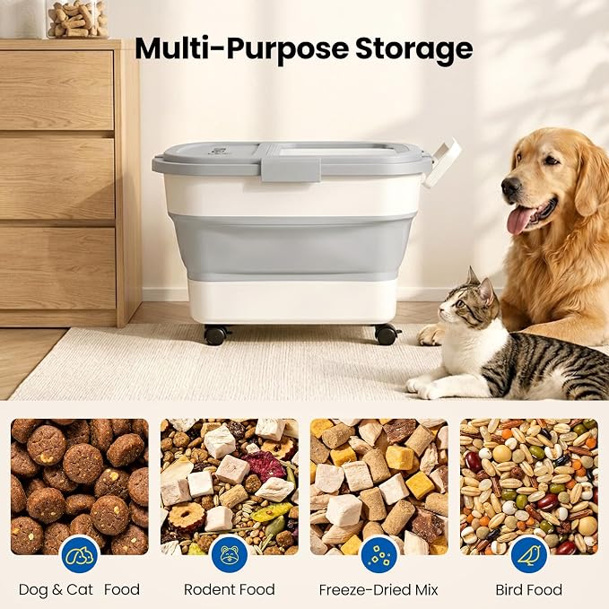 Dog Food Storage Container 15-25lbs, Airtight Pet Food Bin with Locking Lid & Clear Window, Collapsible Rolling Storage Container with Wheels & Scoop, Gray