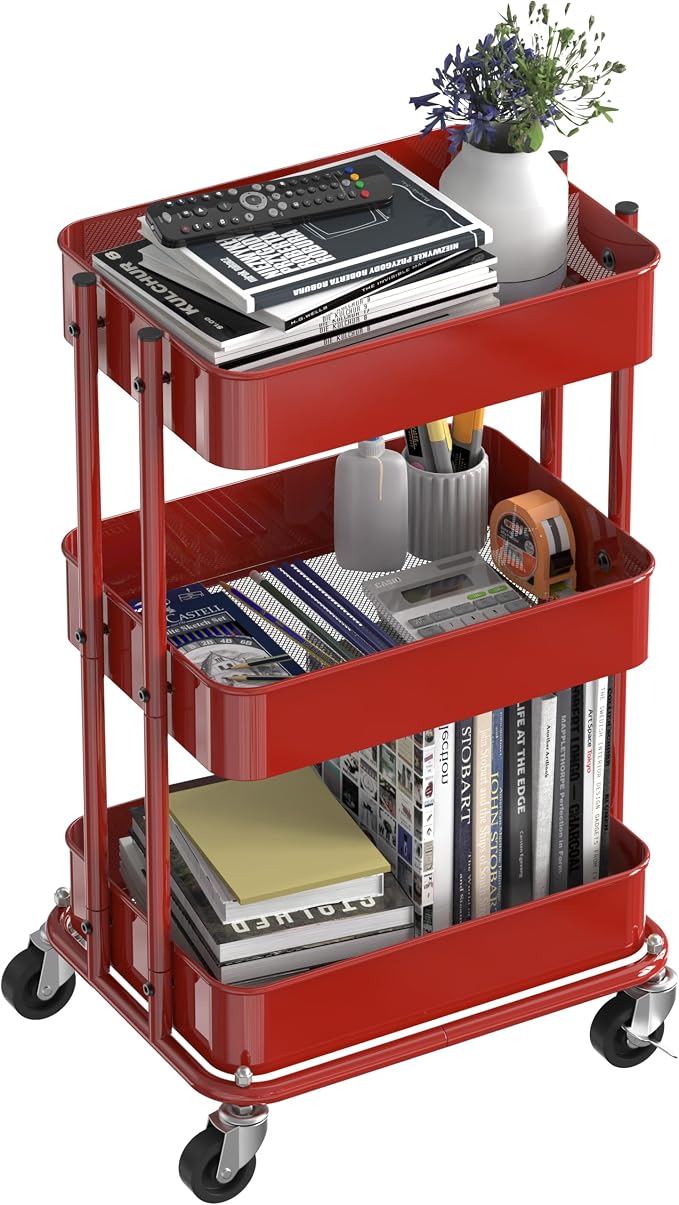Simple Houseware 3-Tier Utility Cart, Low 24" Height Fits Under Desk, Red | Compact & Lower Height Great for Under-Desk Space-Saving Storage for Home Office, Dining Room, or Kitchen