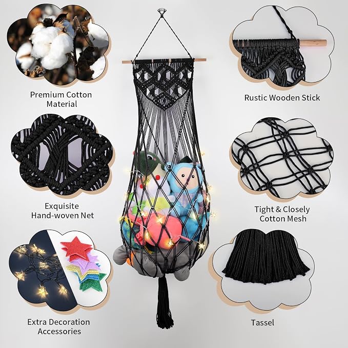63Inch Stuffed Animal Storage Hammock Corner,Boho Plushie Net,Black | Wall Ceiling Over Door Hanging Hammock for Stuffed Animals,Macrame Stuffy Storage Holder w/Star Lights,Nursery Playroom Decor
