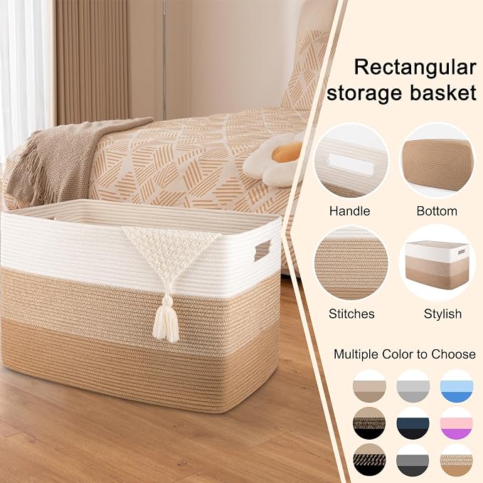 OIAHOMY 108L Extra Large Blanket Basket Dog Toy Basket Light Brown | Rectangle Woven Baskets for Storage Cotton Rope Basket For Living Room Toy Storage Blanket Storage Laundry Basket