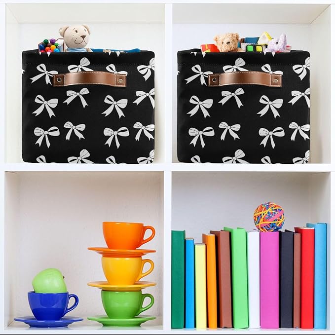 Wamika Black White Bow Storage Basket with Waterproof Liner and PU Handles Coquette Bowknot Storage Bins Boxes 14.2" Collapsible Decorative Organizer Baskets for Bedroom Closet Office 1 Pack