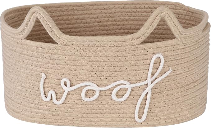 Sea Team Dog Toy Storage Basket with Handles and Ears, Beige Woof | Large Cotton Rope Storage Bin, Shelf Basket, Organizer for Pet Chew Toys, Foods, 16.5 x 11 x 7 Inches, 4.4 Gallons