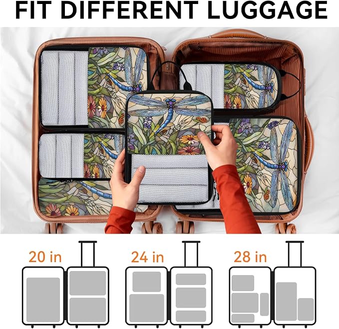 Dragonfly 6 Set Compression Packing Cubes Stained Glass Style Flowers Expandable Packing Organizer for Travel Accessories Luggage Suitcase Bag