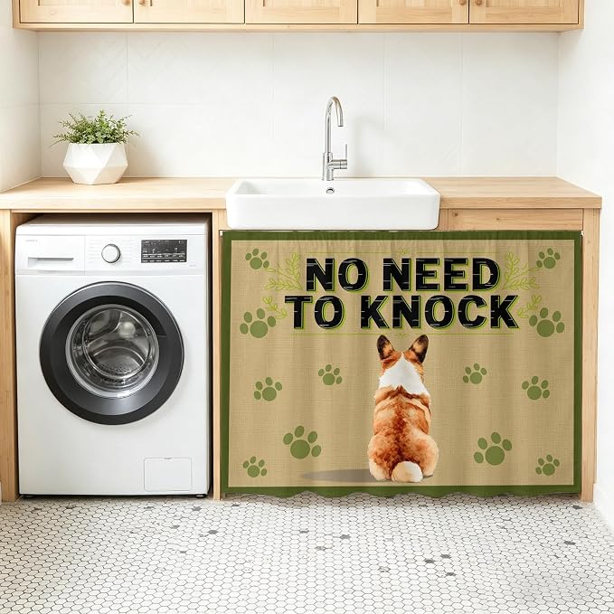 NO Need to Knock Oven Skirt Curtain for Kitchen Decor 28"x35", Corgi Dog Paw Prints Pet Lover Farmhouse Self Adhesive Stove Curtains Skirt Cabinet Curtains for Bathroom Laundry Room