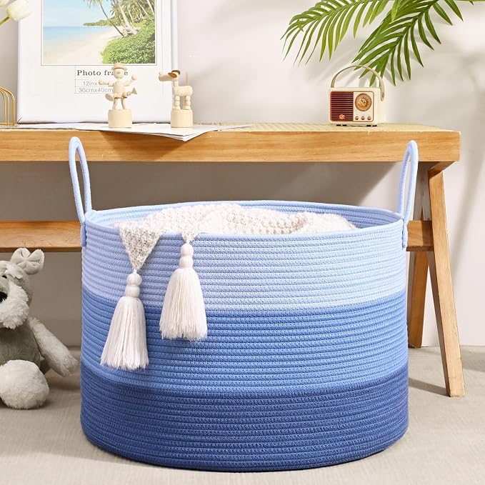 67L Large Woven Blanket Basket, Cotton Rope Baby Laundry Hamper with Handles, Kids Toy Basket for Classroom & Nursery, Soft Round Stuffed Animal Storage, Dog Toy Bin - 20"x13", Blue