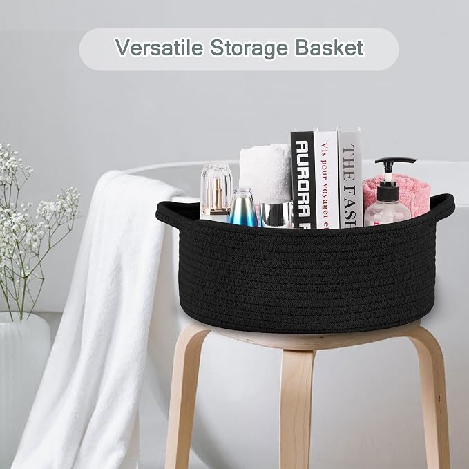 COMSE Empty Small Gift Basket with Bag & Ribbons, Black | Cotton Rope, 12"x 8"x 5", Baby Toy Organizer, Stores Small Items for Bedrooms, Nurseries, Bathrooms, Living Rooms, Offices