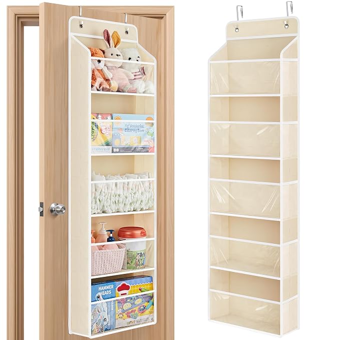 JARLINK Over The Door Toy Storage Organizer w/Clear Window, Beige | Anti-Tilt 44 lb Load Capacity, Baby Toy Storage Organizer for Stuffed Animals, Nursery, Kid Bedroom, Newborn Baby Essentials