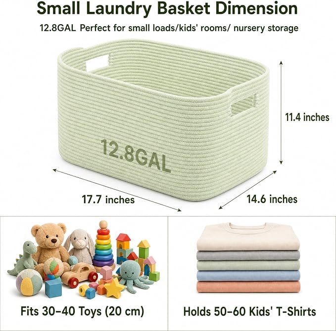 12.8GAL Small Cute laundry basket for nursery, Boho Square storage basket for Living Room Decor, Kids Girls Boys Toys Stuffed Animal Decorative Short Hamper for Dirty Clothes, Bath Towel Sage Green