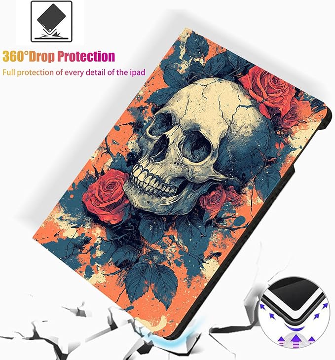for Microsoft Surface Pro 7 Plus,Surface Pro 7/6/5/4 12.3" Tablet Case,Auto Wake/Sleep,Adjustable Stand Protective Cover - Skull Rose