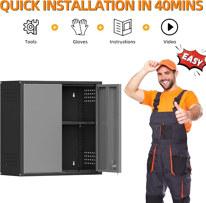 Garage Wall Cabinet with 2 Doors, Metal Wall Cabinet with Lock | 26''H Wall Mounted Cabinet, Lockable Floating Tool Cabinet, Steel Storage Cabinet for Kitchen,Office,Garage,Laundry,Warehouse