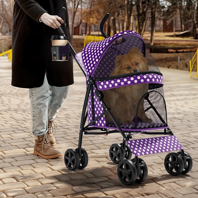 Magshion Compact Fold Pet Travel Stroller for Small Dogs Cats, Purple | Up to 22lbs, 4-Wheel Lightweight Umbrella Shaped Design, Safety Tethers, Breathable Mesh, Cup Holder & Rear Storage