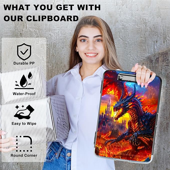 Castle Flaming Dragon A4 Clipboard with Storage Pen Holder, Clipboards Organizer Nursing Clipboard Foldable File Folder Plastic Clipboard Folio Clip Board for Office Students Classroom